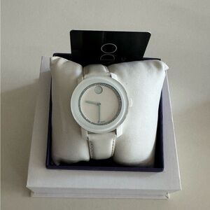 Movado White Leather Minimalist Watch with Silver Accents